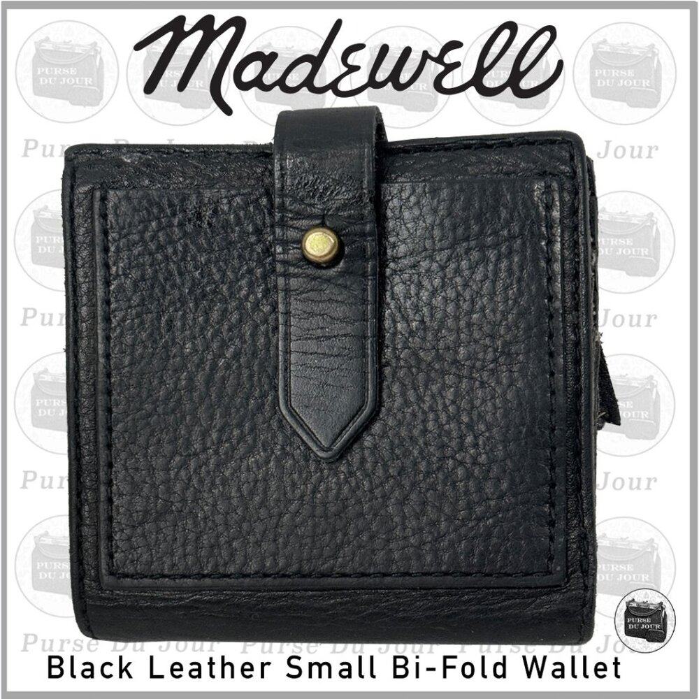 Madewell Black Leather Small Bifold Wallet Zip Coin, Credit Card, Bill